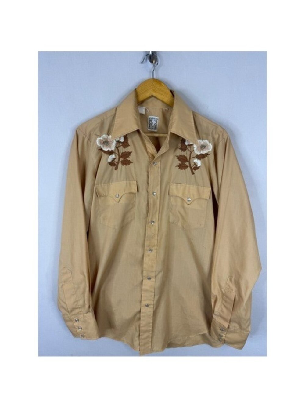 Vintage Karman Western Shirt Tan Floral Embroidered Pearl Snap Cowboy Mens